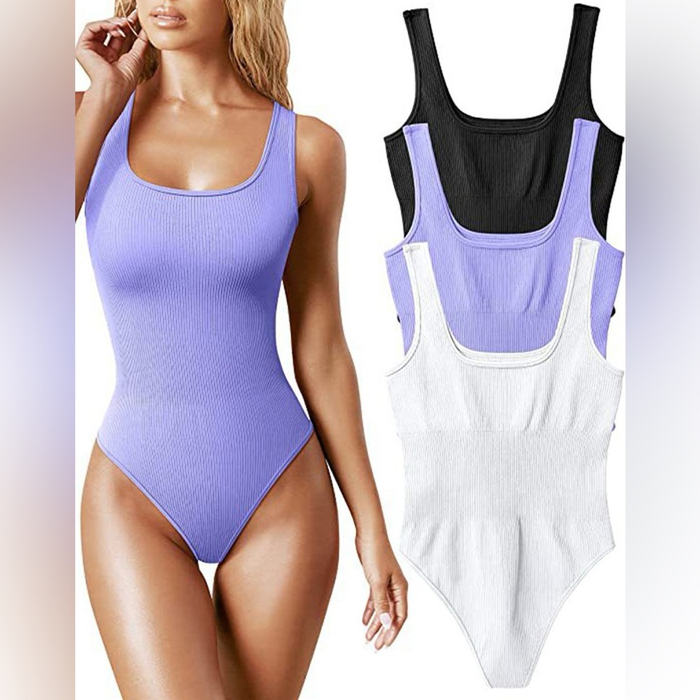 OQQ | Ribbed Bodysuit Set of 3 Black White Purple Square Neck Stretch Small